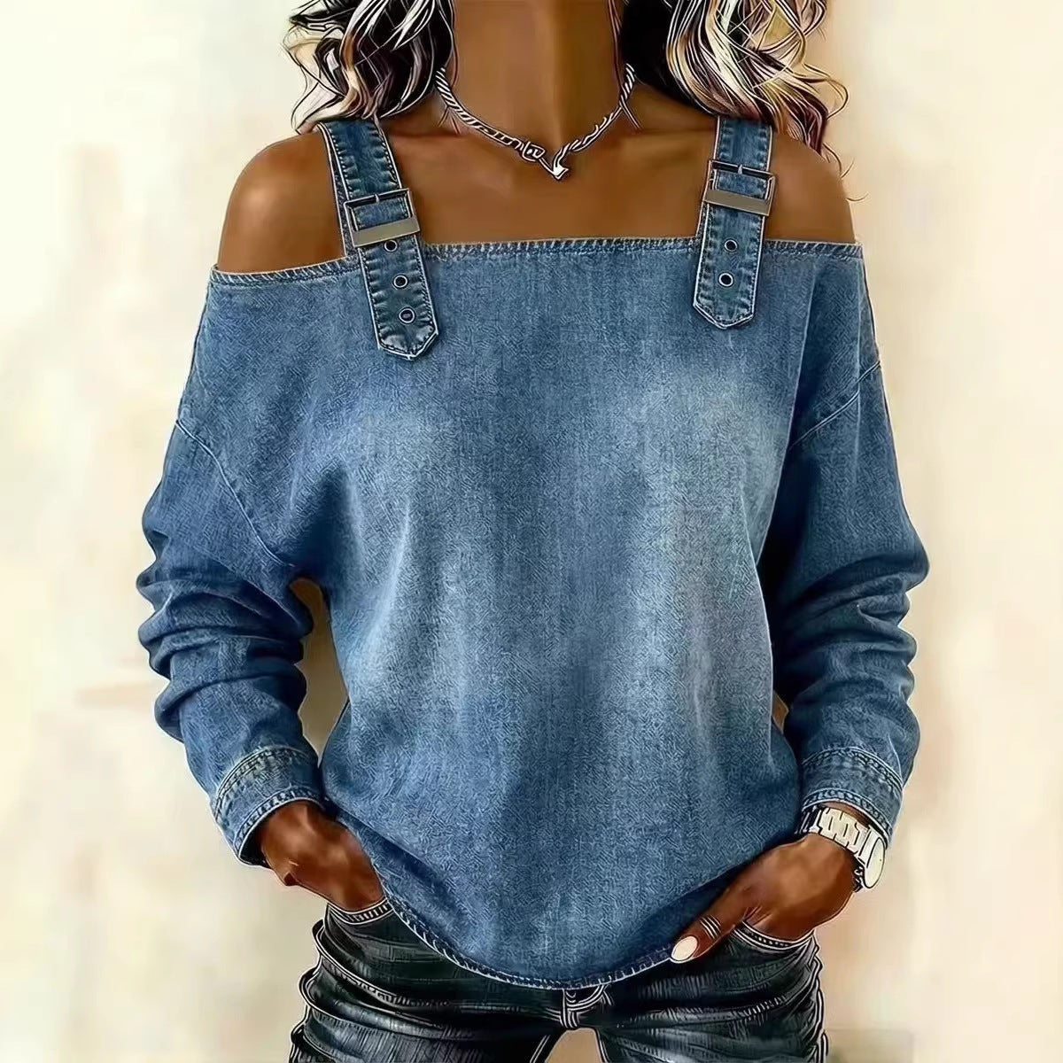 Women's Off-Shoulder Long Sleeve Denim Top Casual – ZA-Zola