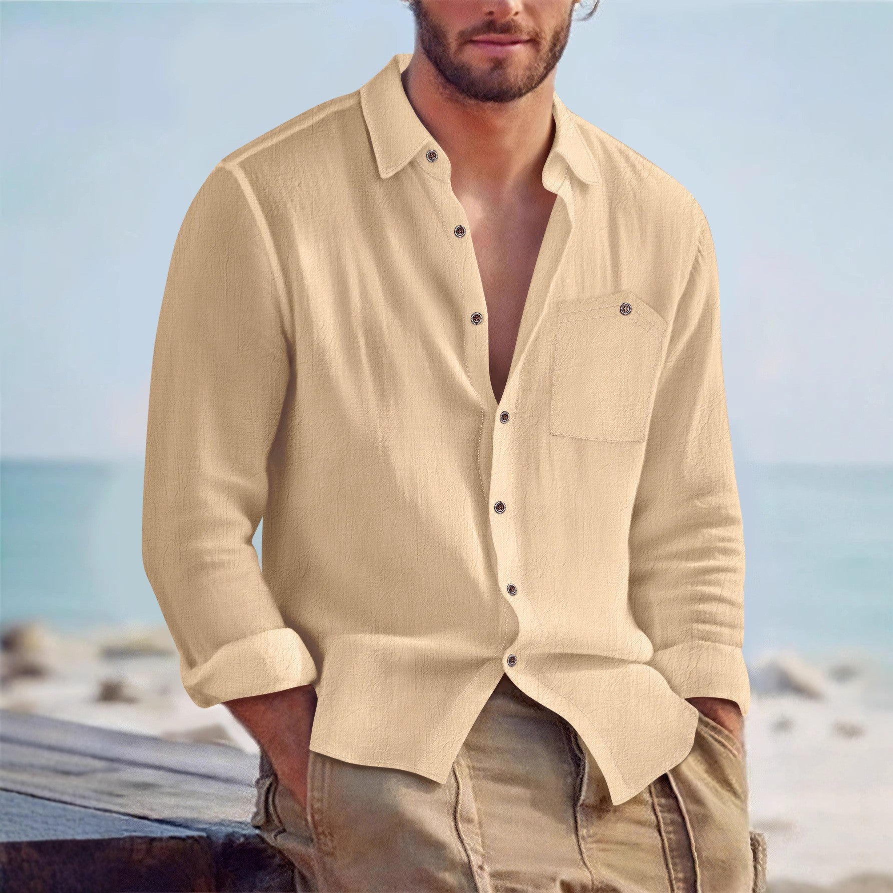 Linen Lapel Cardigan Shirt | Men's Loose-Fit Long Sleeve – ZA-Zola