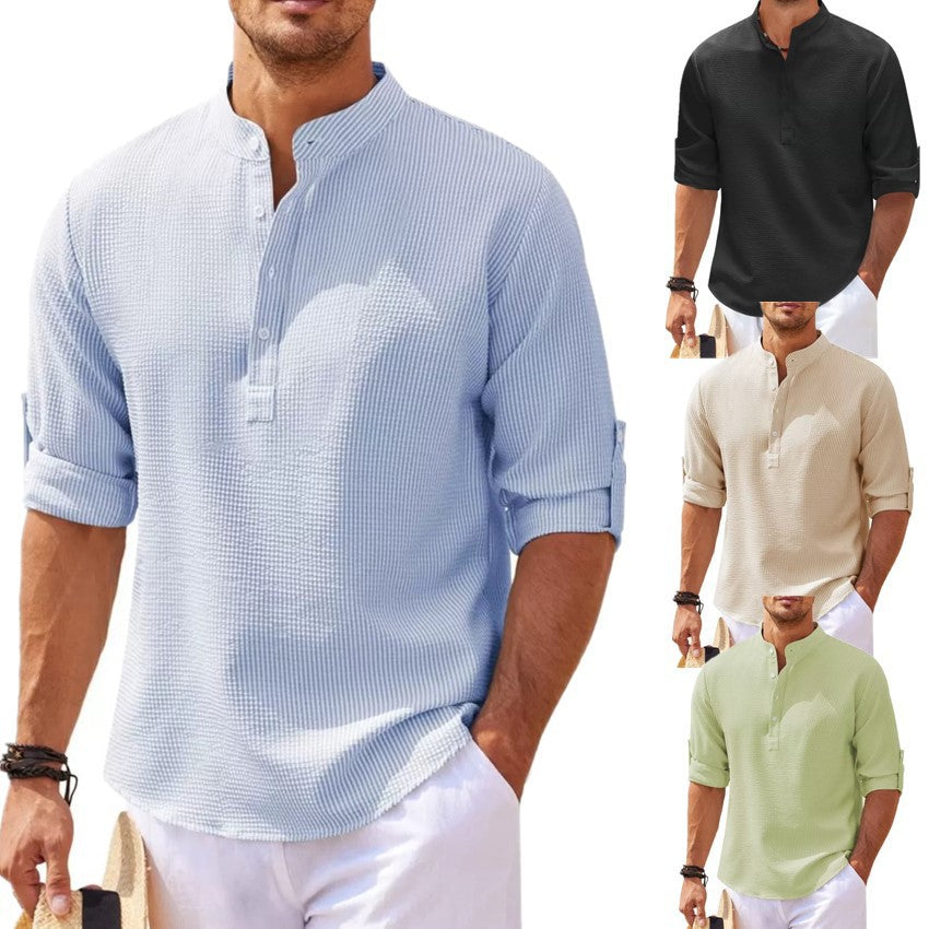Collage of men wearing short-sleeve button-up shirts in blue, black, beige, and green.