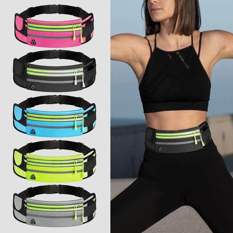 Women’s fitness waist bag in five colors, worn during yoga or outdoor workout.