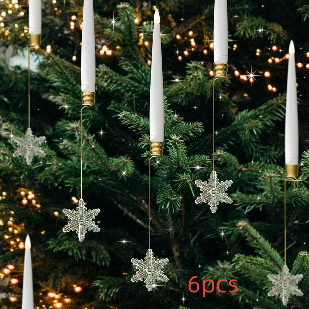 Christmas tree with LED candle ornaments and hanging snowflake decorations, 6 pieces