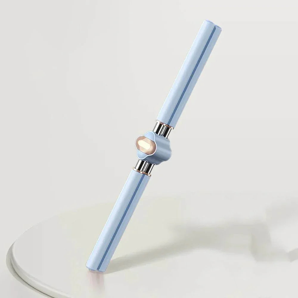 Light blue facial massage roller with metal accents on a white surface, beauty tool
