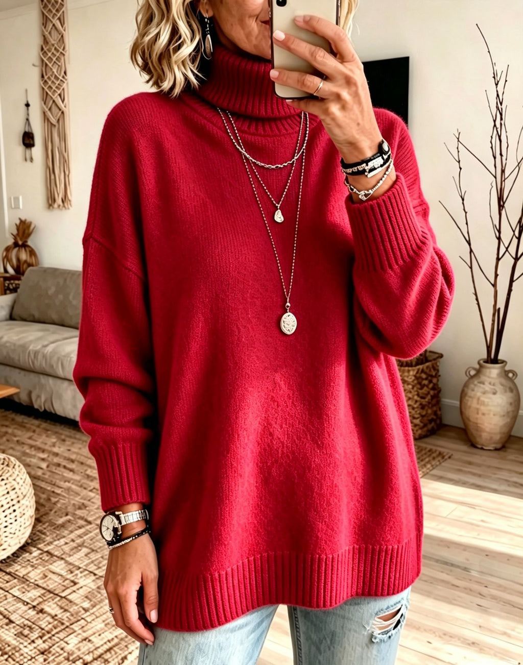 A woman takes a mirror selfie wearing a vibrant red turtleneck sweater, styled with layered silver necklaces, bracelets, and a watch, paired with light-wash distressed jeans in a cozy living room setting.