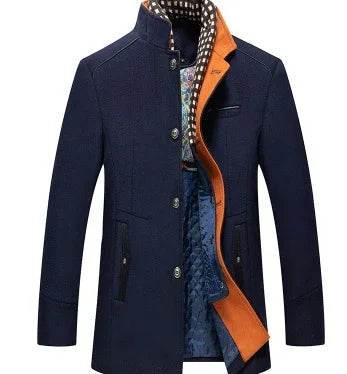 Men's navy blue long coat with orange inner lining and button closure, stylish outerwear