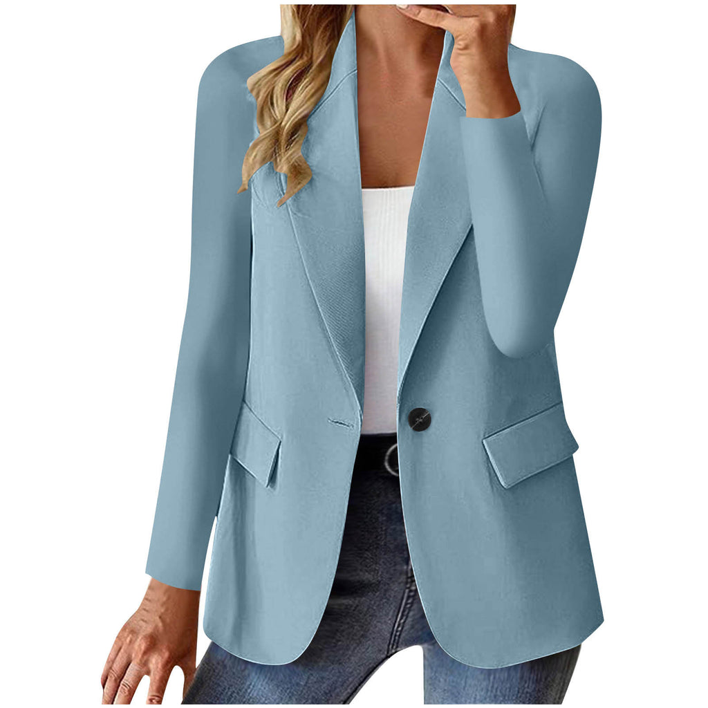 Light blue blazer worn by a person on a white background