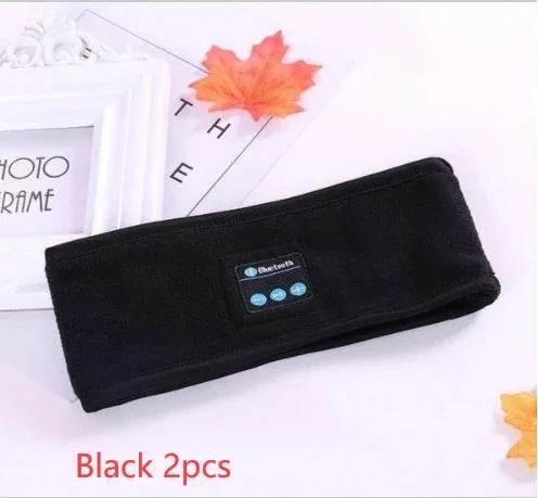 Black Bluetooth headband headphones for women and men, 2-pack, on white background with autumn leaves.