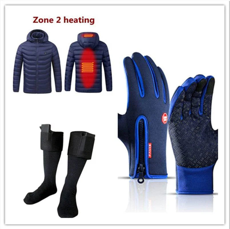Heated winter jacket, gloves, and socks for men and women, shown in black and blue.