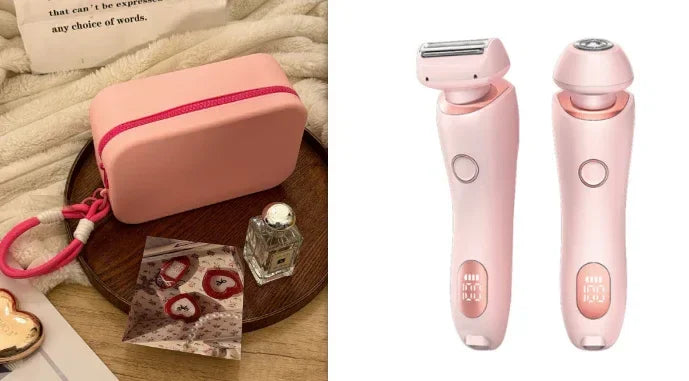 Pink electric shaver and facial cleansing device set with zipper pouch for women's grooming.