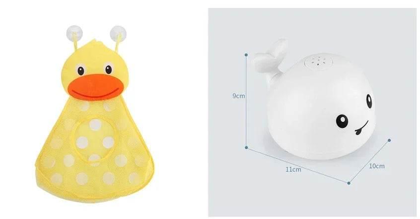 Cute yellow duck hanging storage bag and white whale bath toy with size dimensions, kids’ accessories