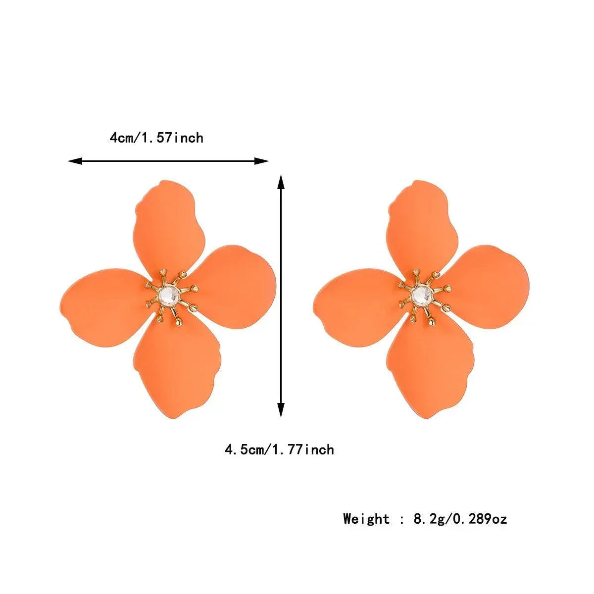 Pair of orange flower-shaped earrings with gold center, labeled dimensions and weight