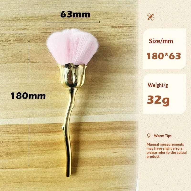 Rose-shaped makeup brush with gold handle, pink bristles, 180mm length, 63mm width, 32g weight