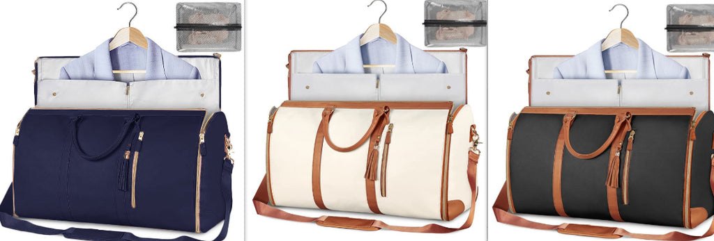Three different styles of duffel bags with hangers on a white background