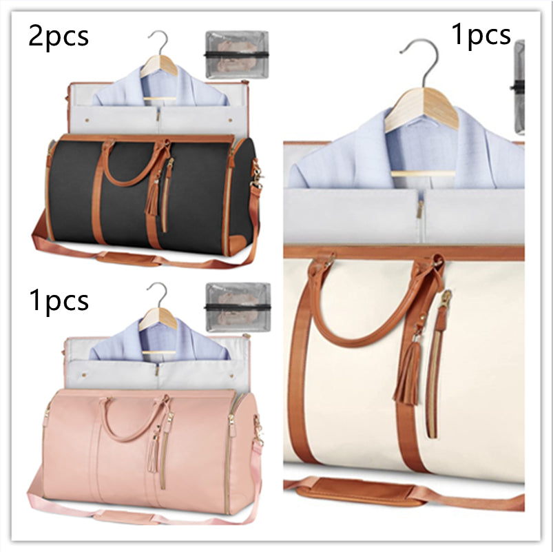 Three duffel bags with hangers and clothing in a collage format.