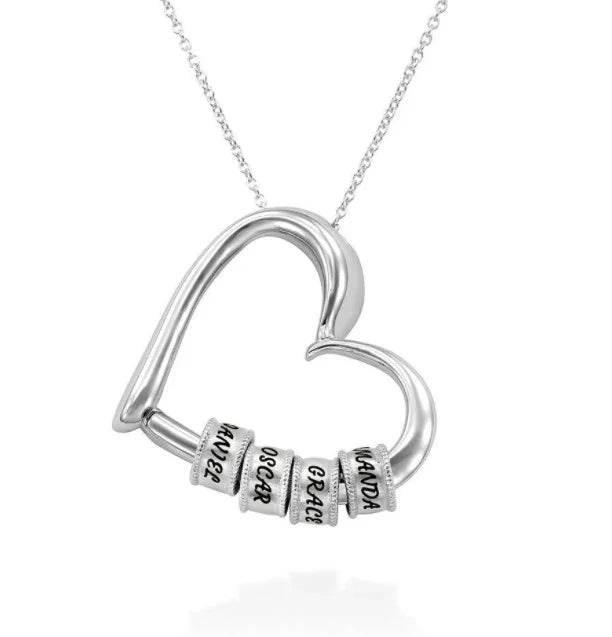 Personalized silver heart necklace with engraved name charms for women