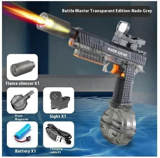 Toy water gun with drum magazine, silencer, sight, battery, and charging cable shown as accessories.