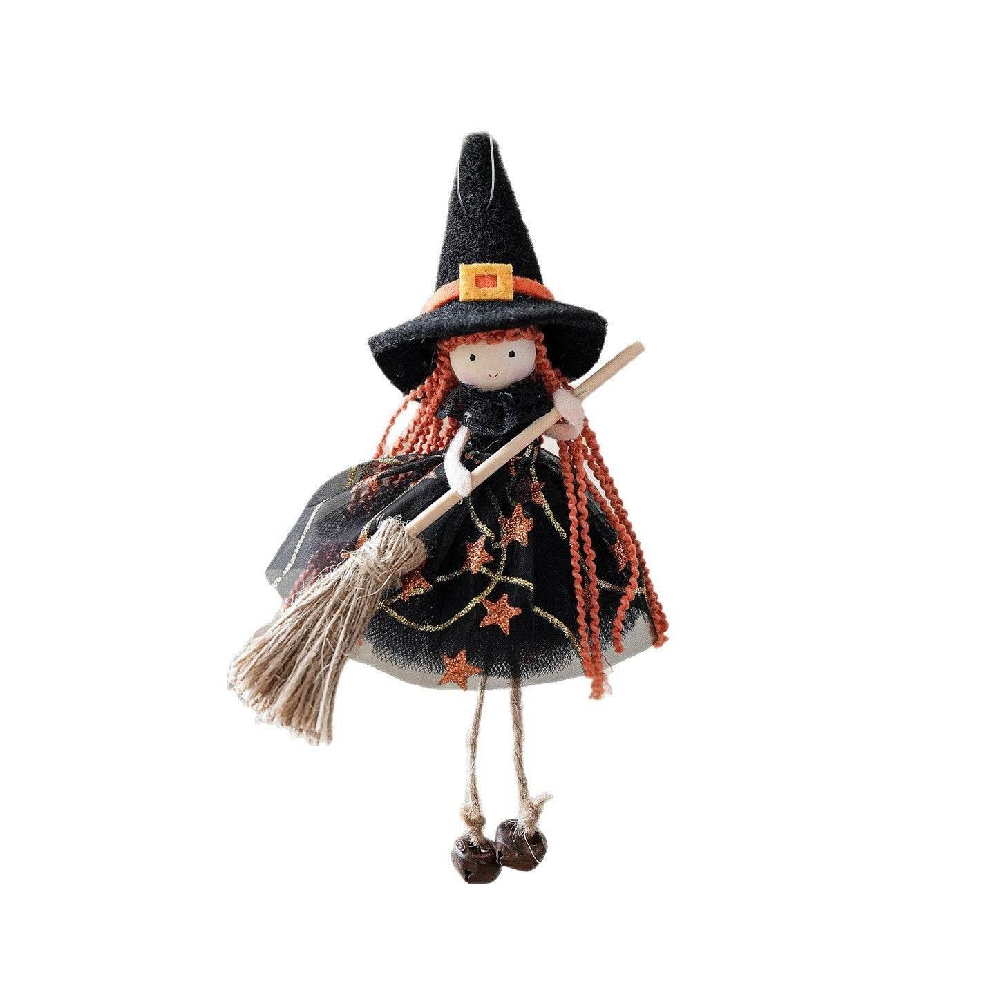 Cute witch doll with orange hair, black hat, starry dress, holding broomstick, Halloween decor