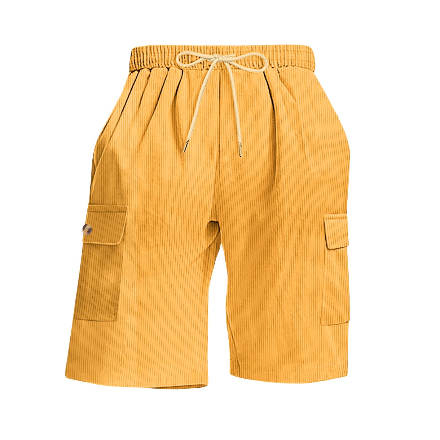 Yellow corduroy shorts with pockets and a drawstring on a white background