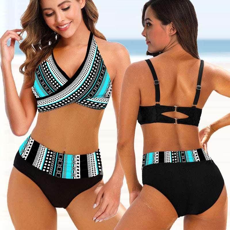 Women’s two-piece swimsuit with geometric print, halter top, and high-waisted bottoms on beach