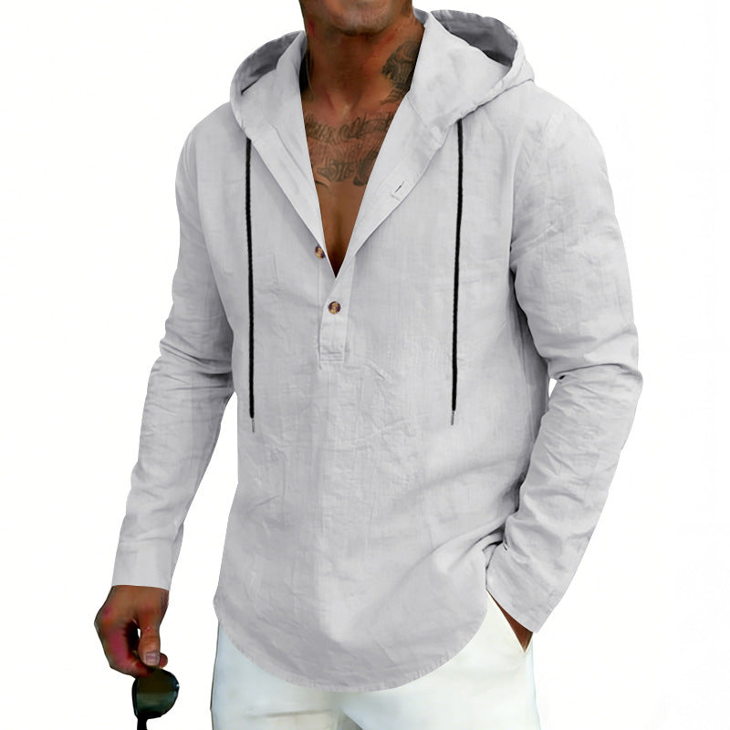 Man wearing a light gray hoodie with a white background