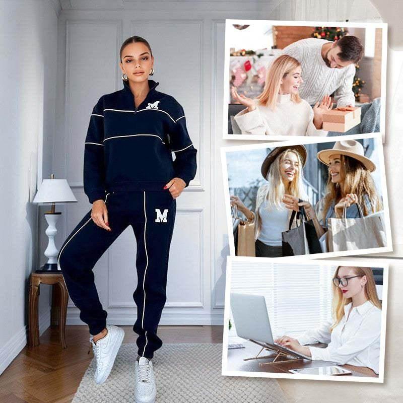 Woman in navy tracksuit with white stripes and letter M, lifestyle and shopping moments collage.