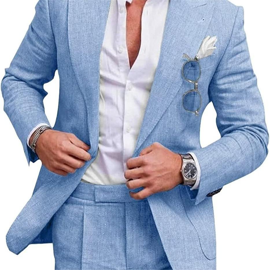 Light blue suit jacket with white shirt and glasses on a white background
