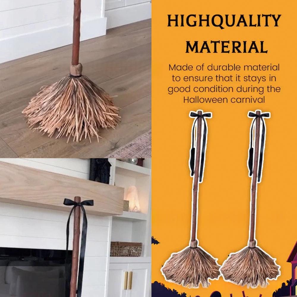 Halloween broomstick prop shown in a home interior with text overlay reading 'HIGHQUALITY MATERIAL' and a cutout illustration on an orange panel.