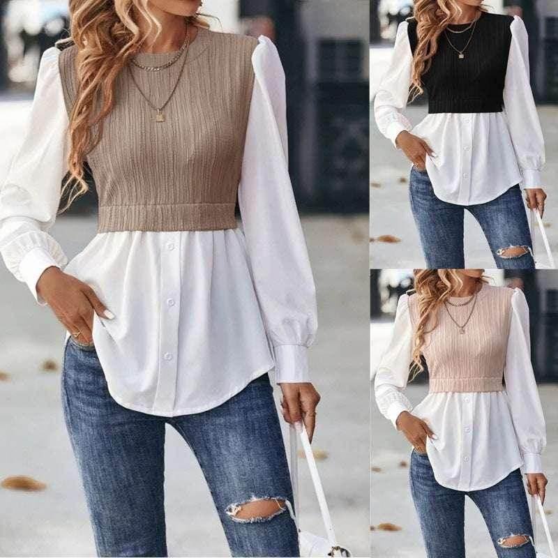 Women's long sleeve layered knit sweater vest and white blouse with jeans, street style fashion.