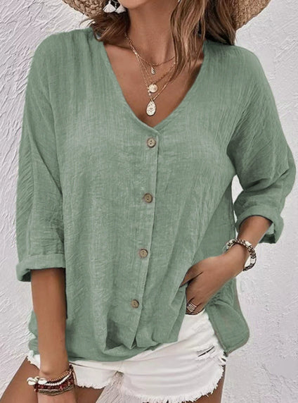 V-Neck Long Sleeve Solid Color Button Top Women