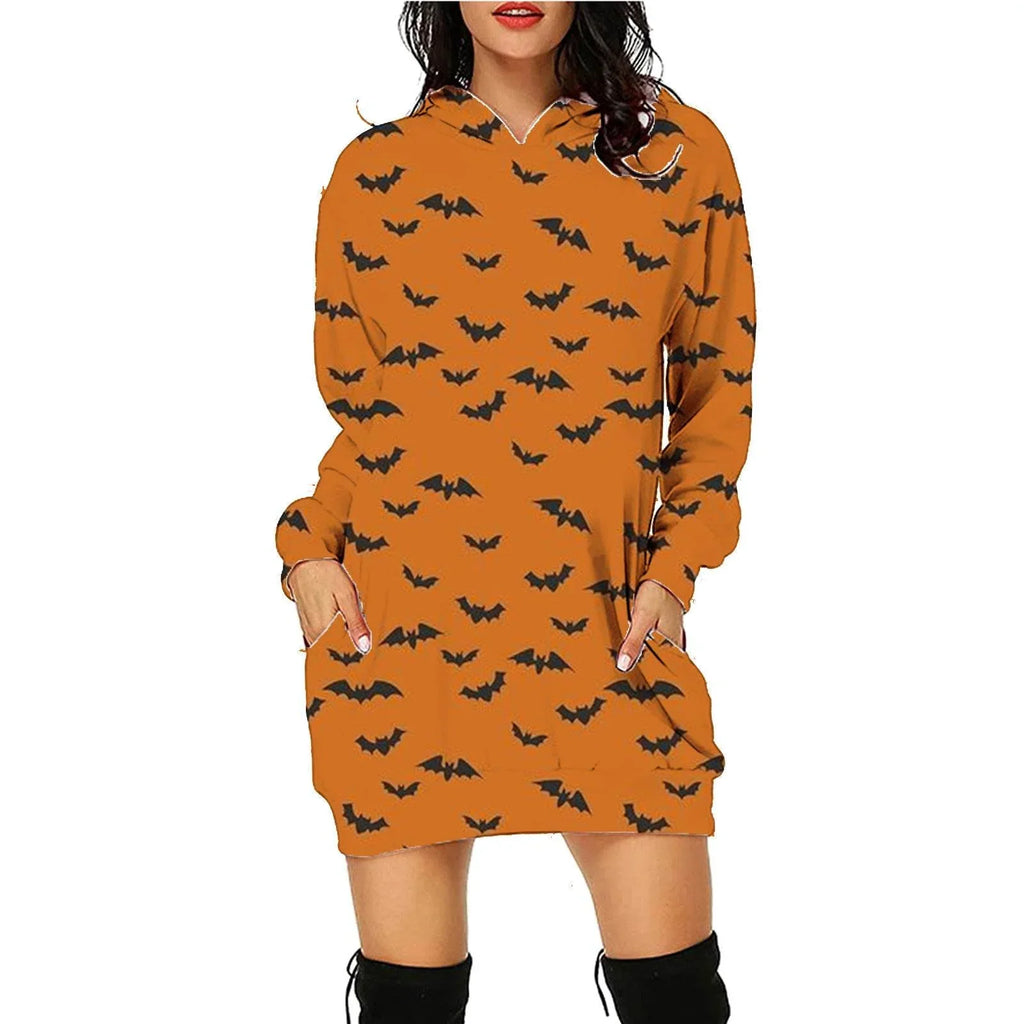 Woman wearing orange hooded dress with black bat print, Halloween casual fashion outfit