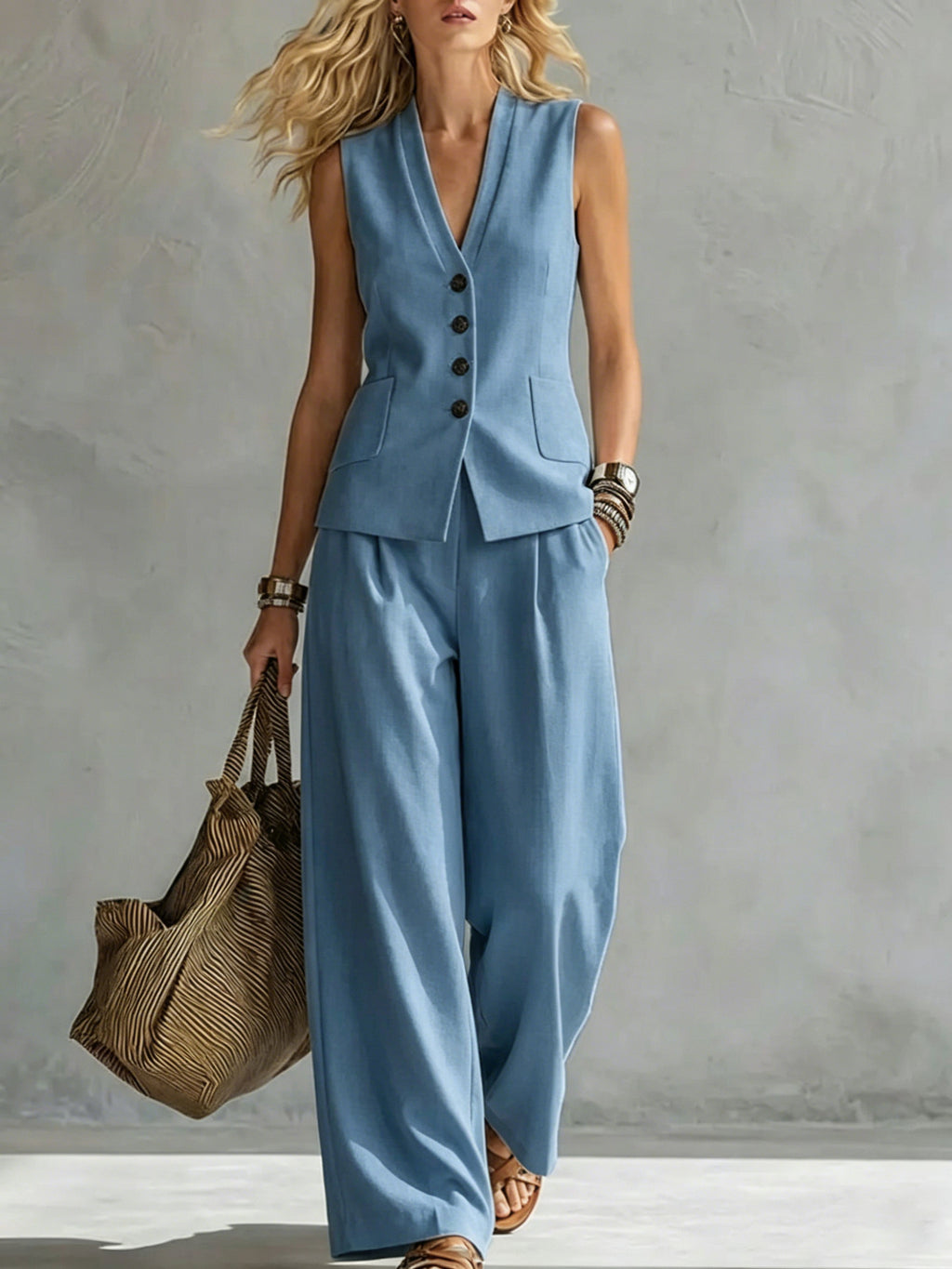 V Neck Sleeveless Linen Pants Set | Summer