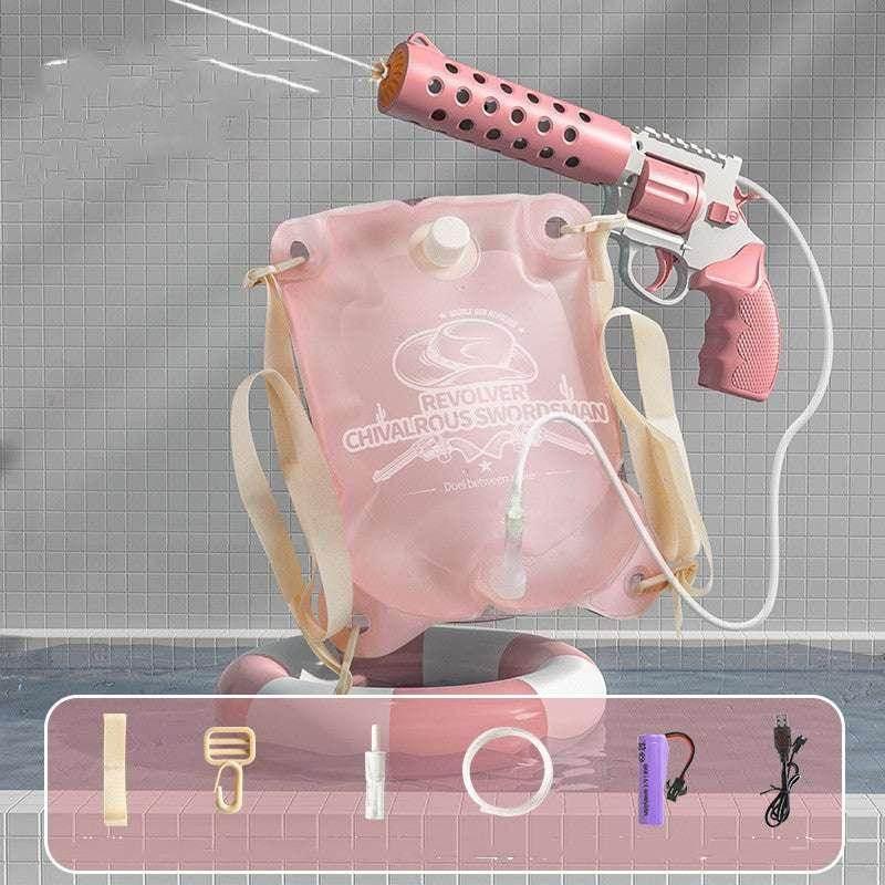 Pink water gun set with a matching wearable water tank displayed by a pool, includes accessories.