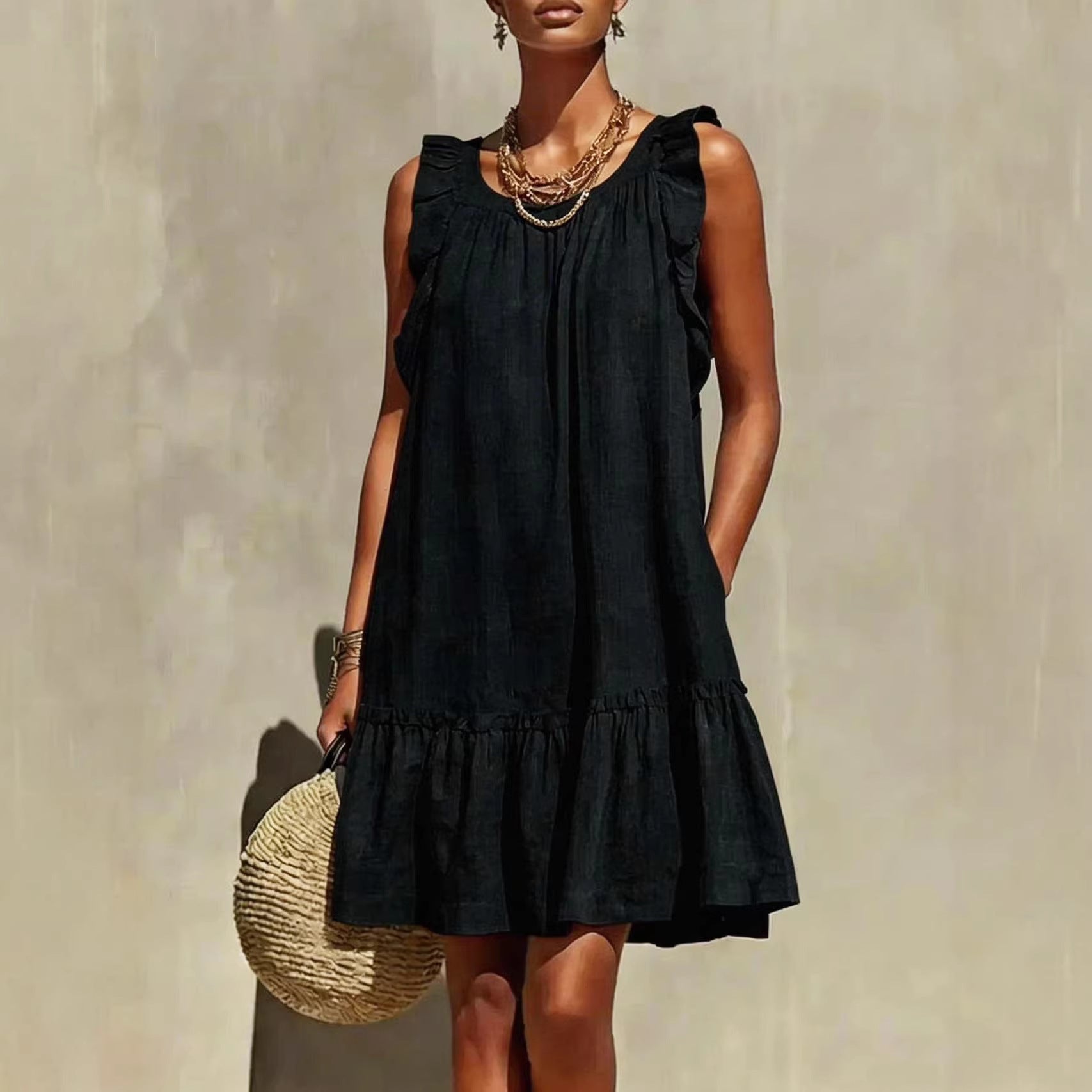 Casual Loose Round Neck Sleeveless Ruffle Trim Dress – Stylish A-Line Women's Fashion