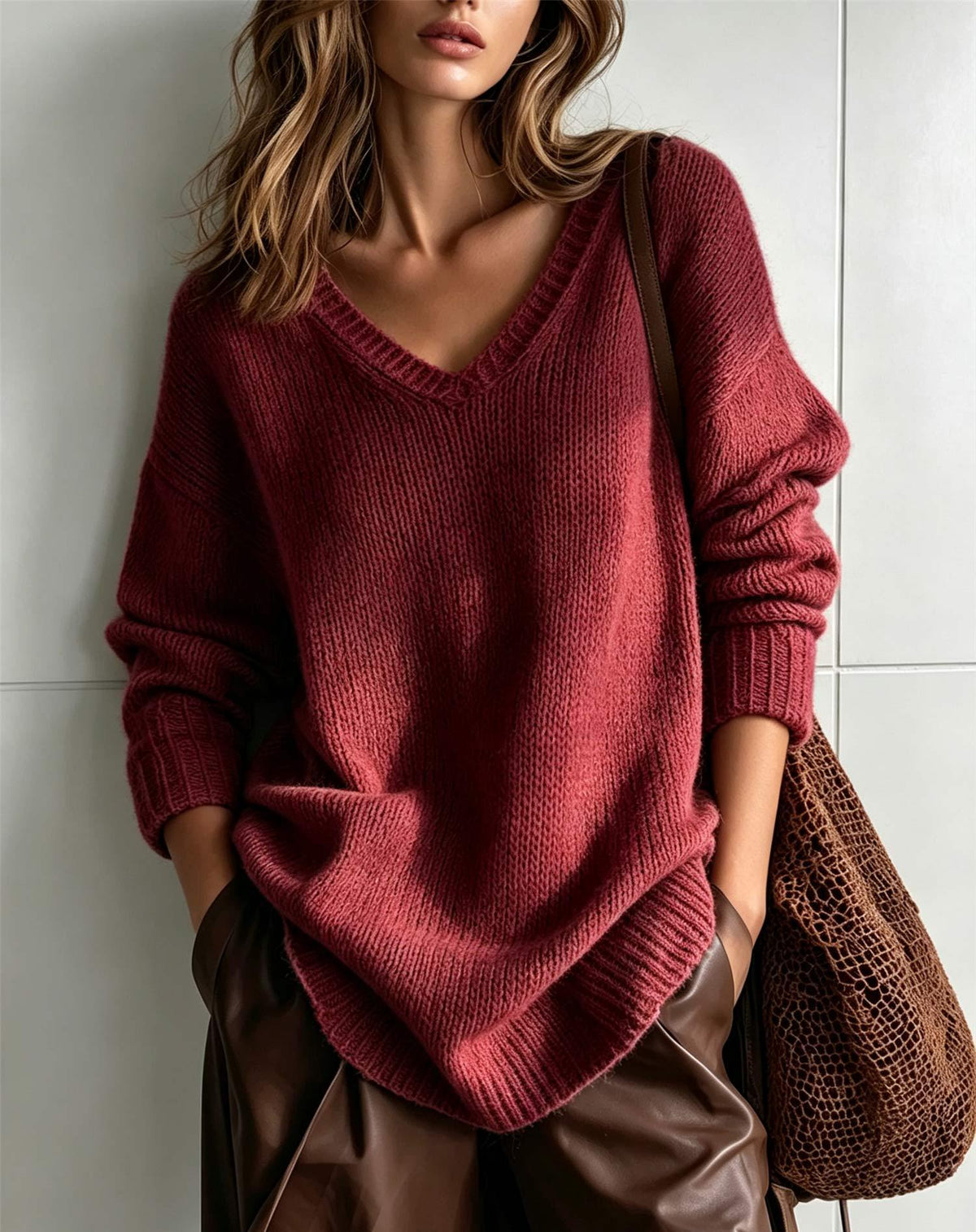 A woman wearing an oversized, chunky-knit V-neck sweater in a deep burgundy red, paired with brown leather pants and a brown woven shoulder bag, leaning against a light gray tiled wall.