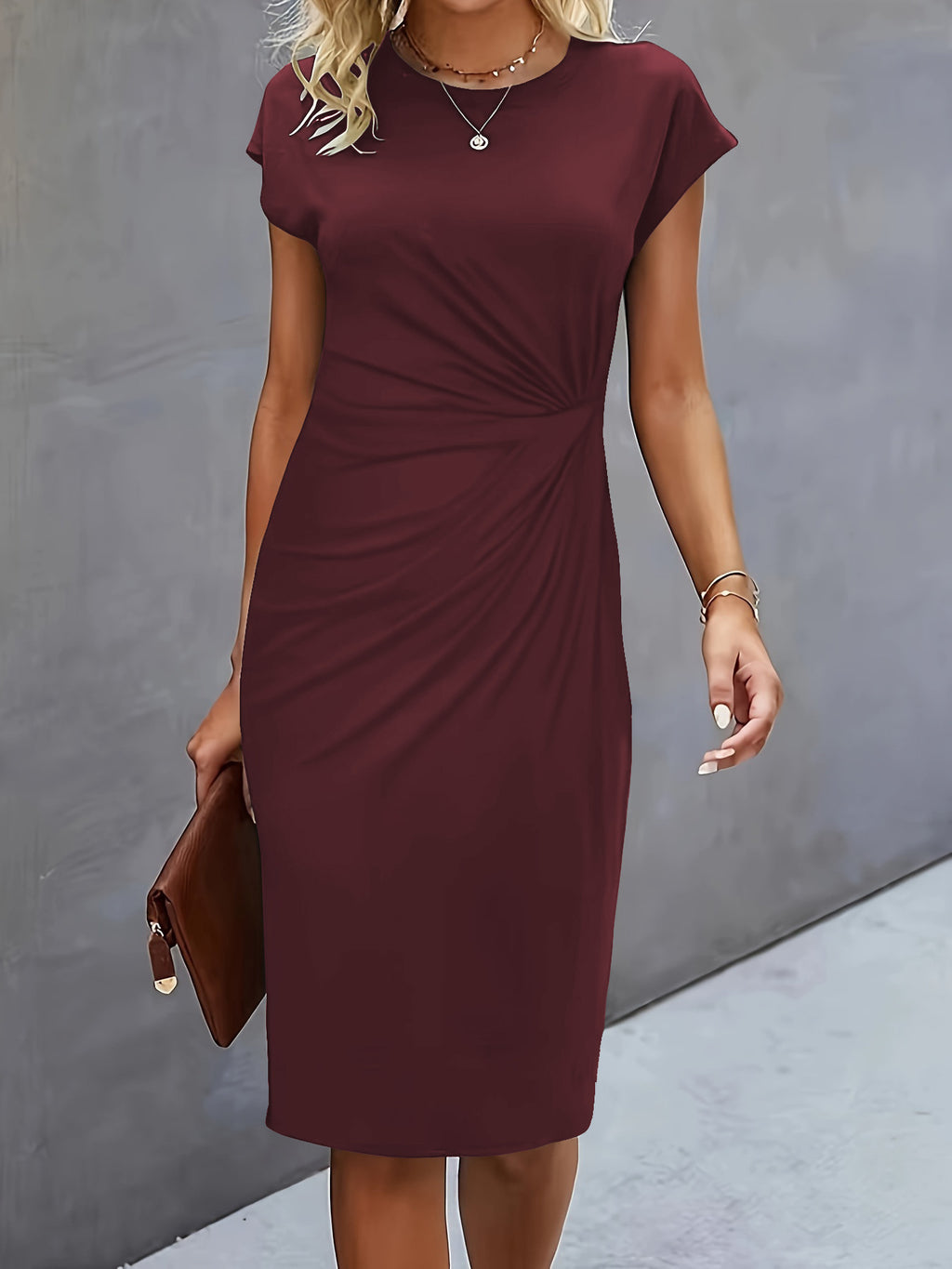 Women's Casual Front Knot Round Neck Midi Bodycon Dress