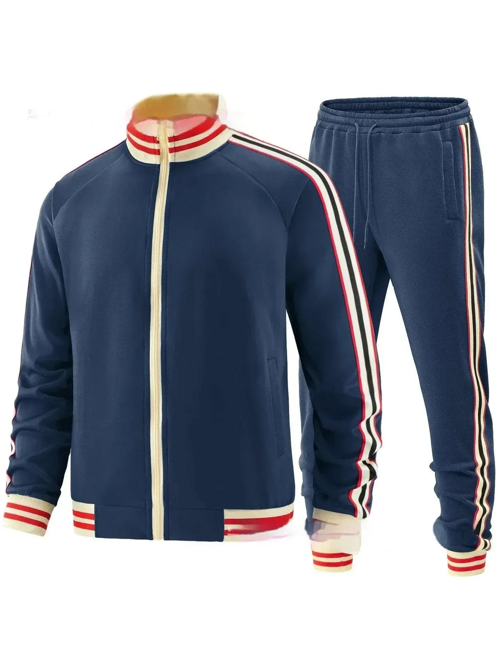 Navy blue tracksuit set with red and white striped trim, zip-up jacket and joggers.