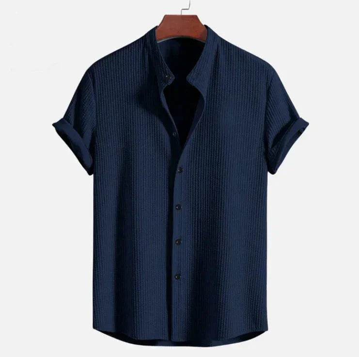 Navy blue short sleeve textured shirt on wooden hanger, ZA-Zola fashion apparel