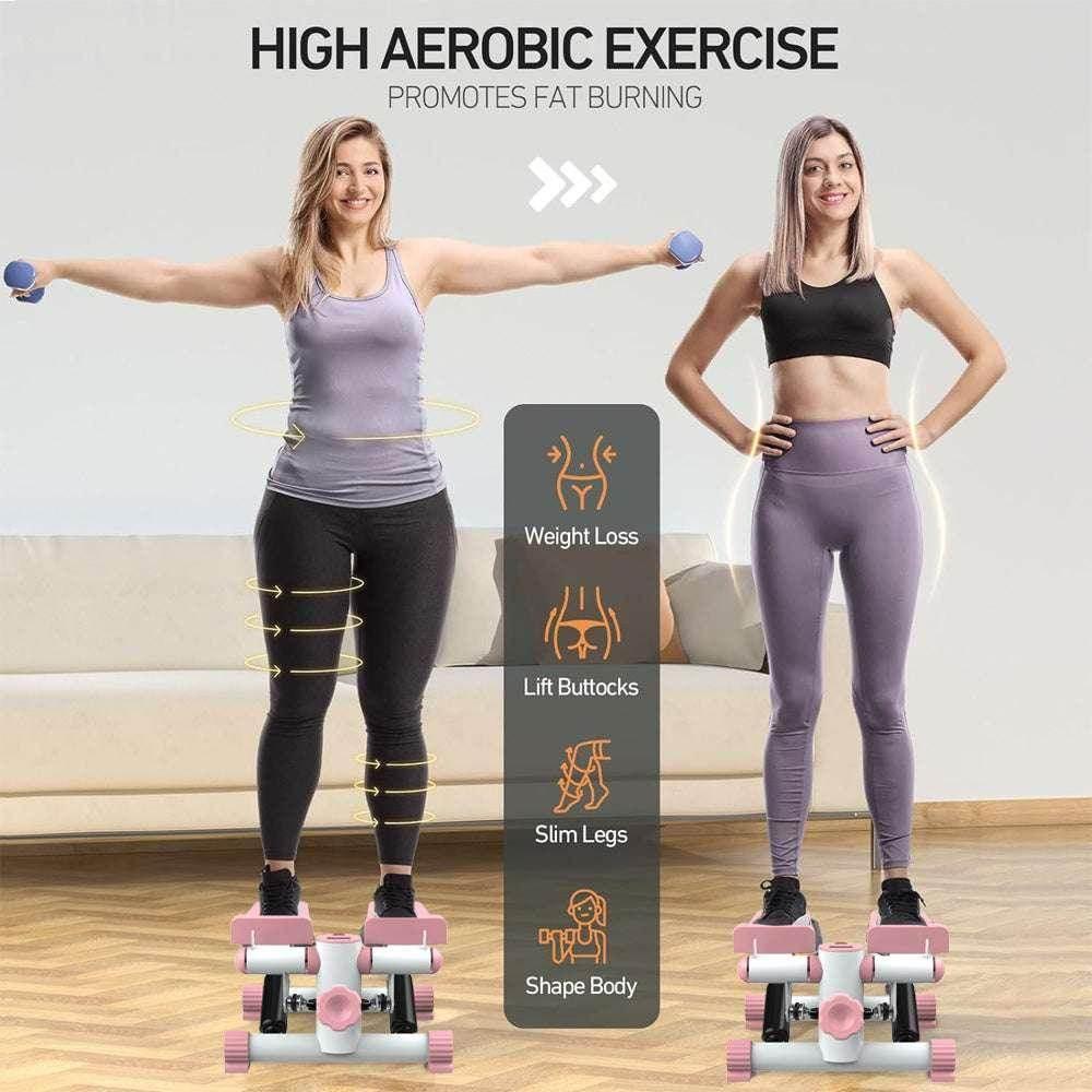 Two women using a pink home stepper machine for aerobic exercise and body shaping.
