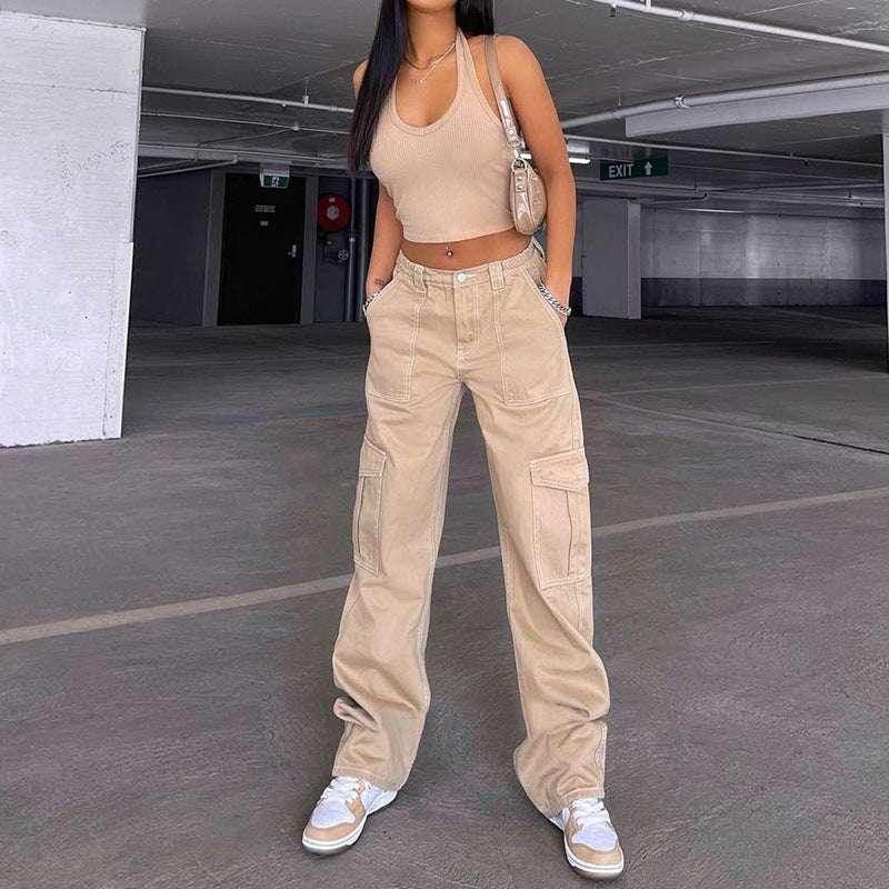 Woman in beige crop top and wide-leg cargo pants, casual street style fashion