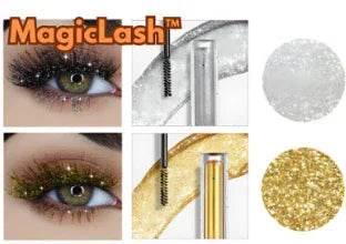 Glitter mascara in gold and silver on eyelashes with mascara wands and matching glitter shades.
