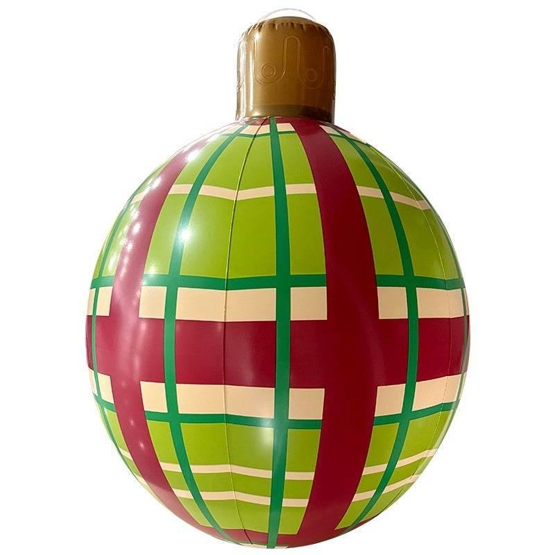 Large inflatable Christmas ornament with red, green and gold plaid pattern