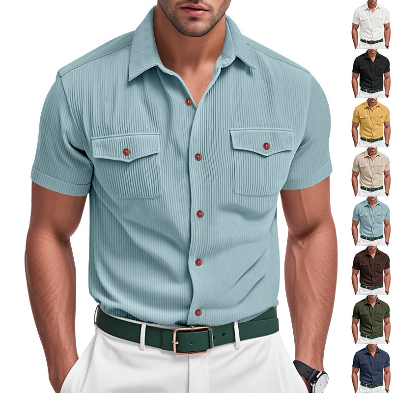 Light blue short-sleeve shirt with red buttons worn by a model, with additional images of the shirt in various colors.