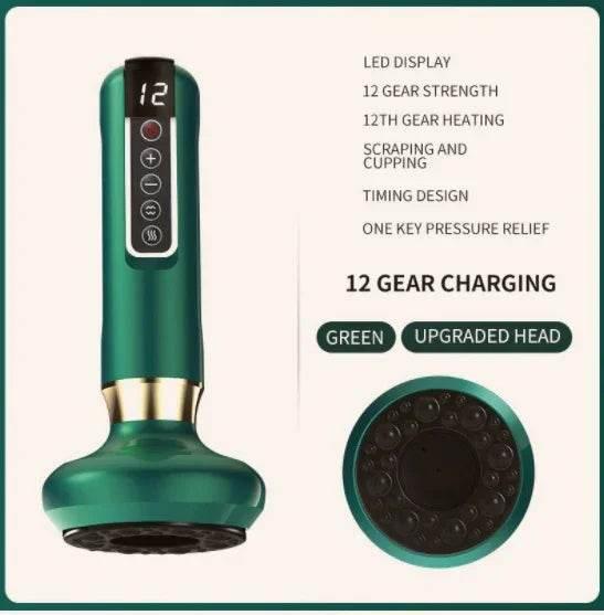 Green electric cupping massager with LED display, 12 gear settings, and upgraded head design.