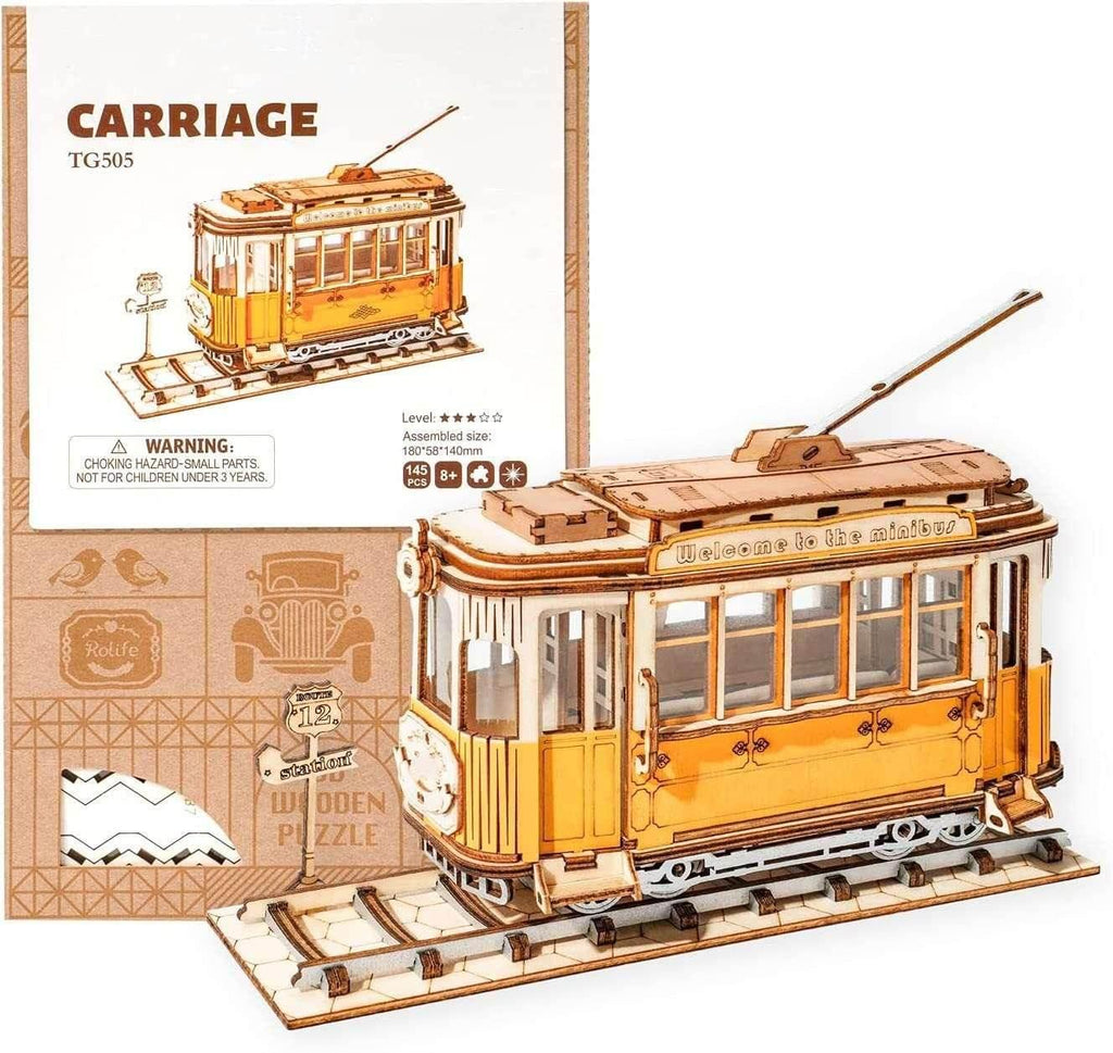 Wooden tram model kit on tracks, DIY puzzle toy for kids and adults, vintage carriage design
