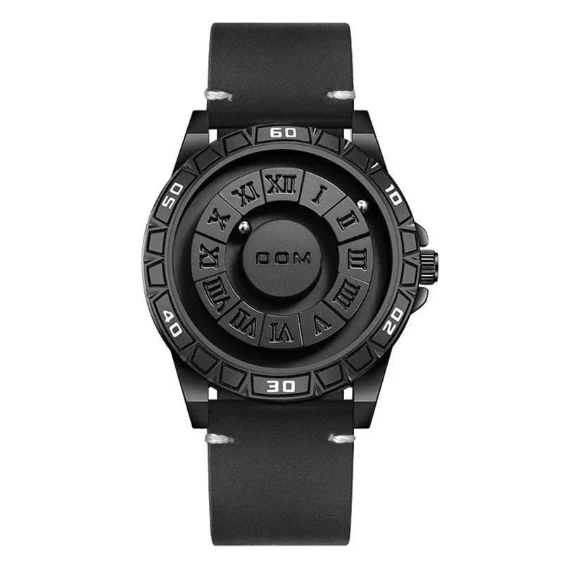 Men’s modern black analog watch with Roman numerals and leather strap