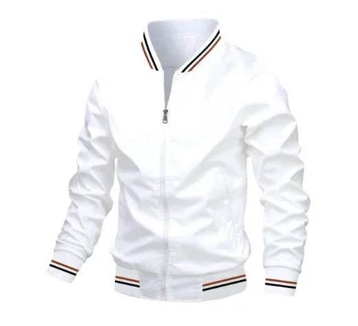White men’s bomber jacket with zip closure and striped collar, cuffs, and hem