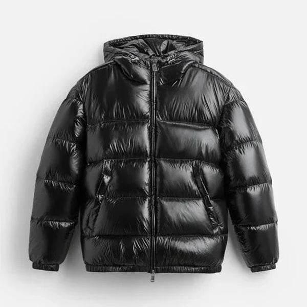 Black puffer jacket with hood, shiny quilted design, winter outerwear for men or women