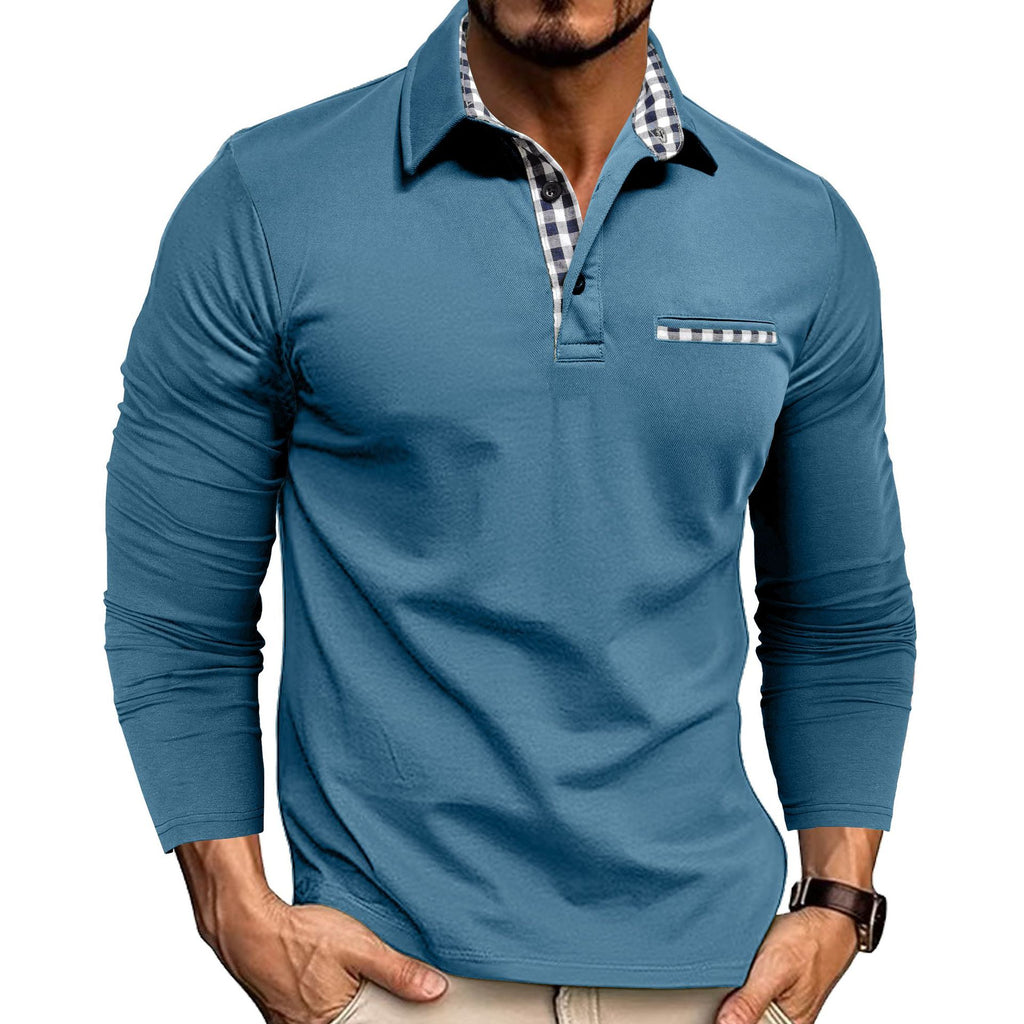 Men’s Plaid Splicing Polo Shirt – Casual Long Sleeve Lapel Top