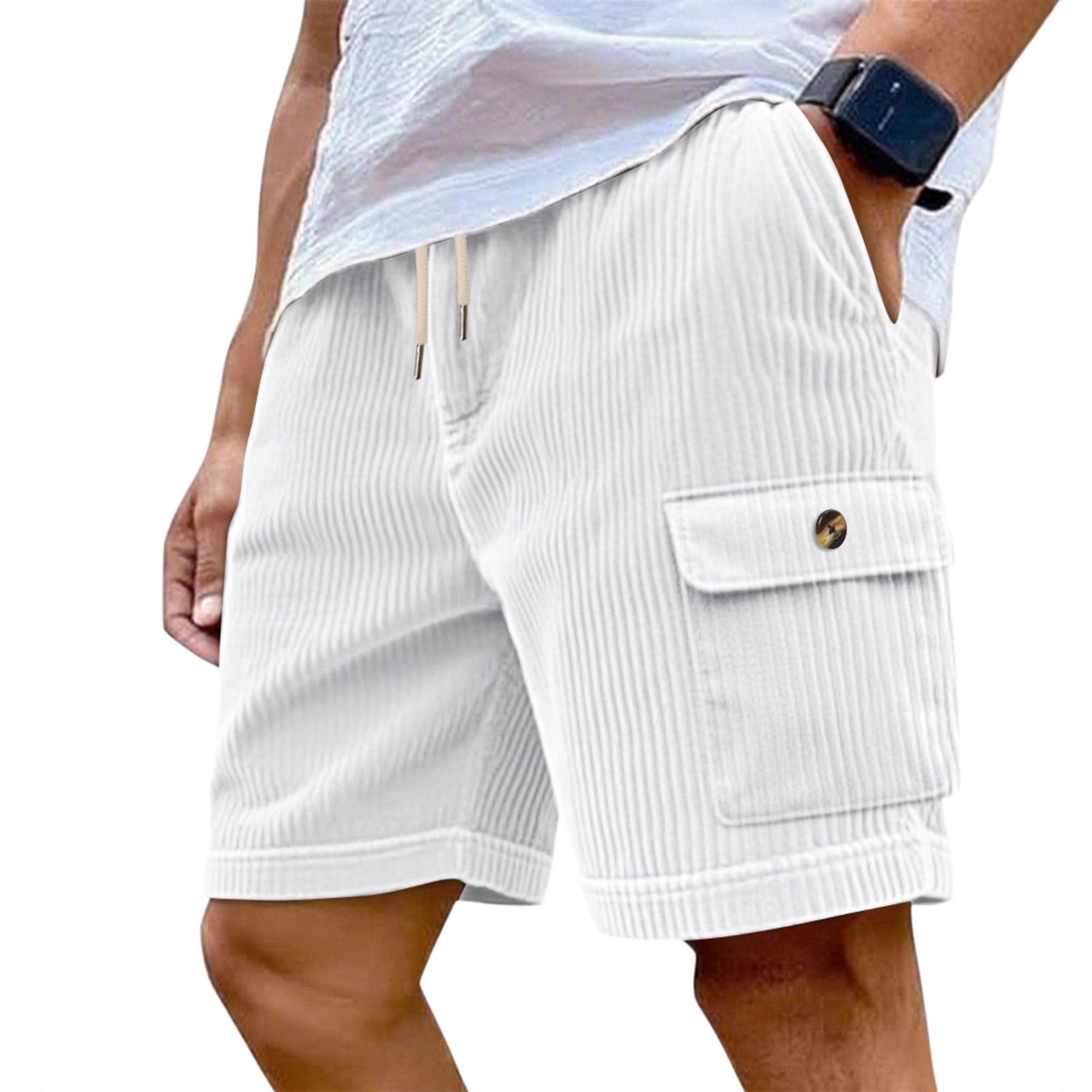 White shorts worn by a person on a white background