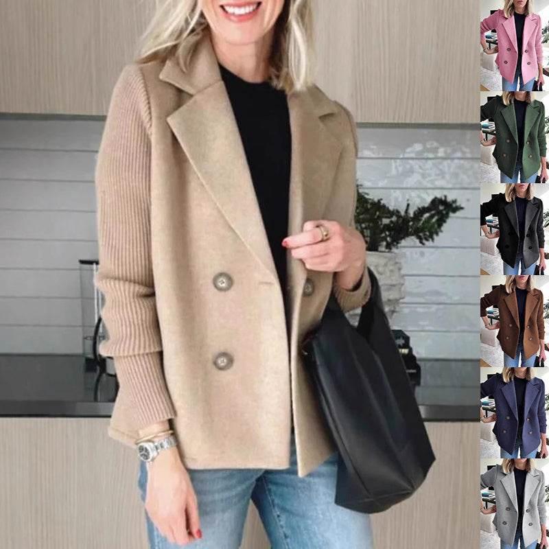 Woman wearing a beige double-breasted wool blazer with ribbed sleeves in a modern kitchen, shown with multiple color options on the side.