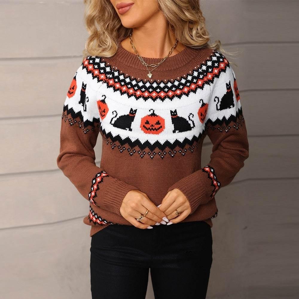 Woman wearing brown Halloween sweater with black cats and pumpkin pattern, autumn fashion